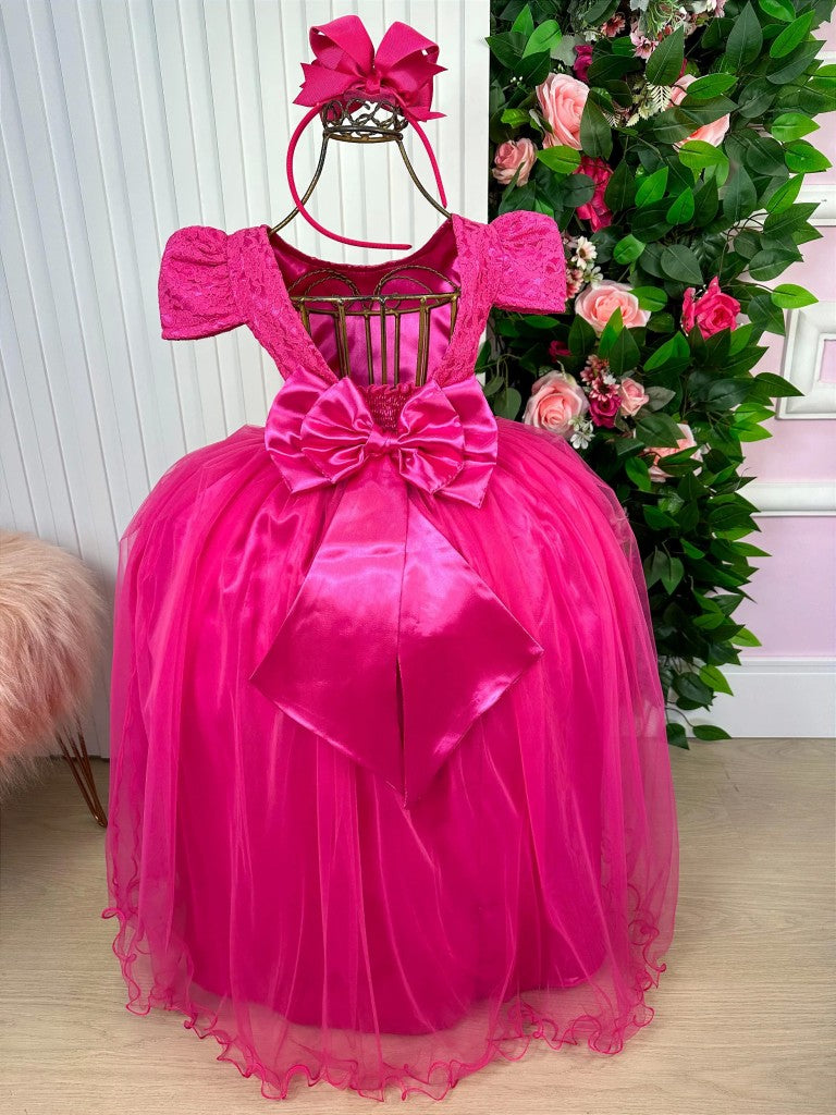 Vestido Infantil Pink em Renda com Saia Rodada e Laço nas Costas para Festa de Aniversário