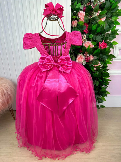 Vestido Infantil Pink em Renda com Saia Rodada e Laço nas Costas para Festa de Aniversário