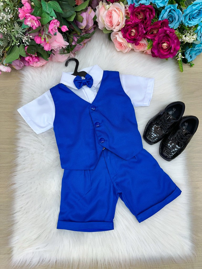 Conjunto Social Infantil Branco com Colete Azul Royal e Gravata Borboleta Azul Royal para Festa