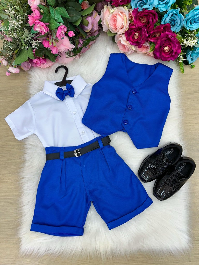 Conjunto Social Infantil Branco com Colete Azul Royal e Gravata Borboleta Azul Royal para Festa