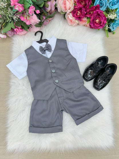 Conjunto Social Infantil Cinza em Poliéster com Gravata Borboleta e Colete para Festa