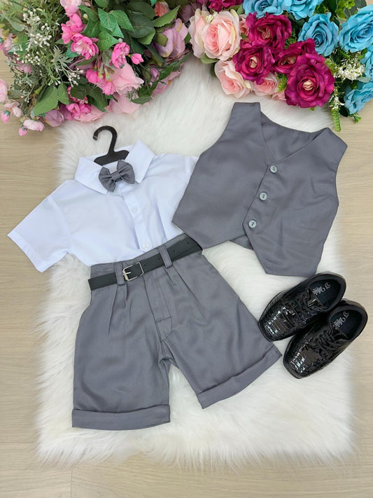 Conjunto Social Infantil Cinza em Poliéster com Gravata Borboleta e Colete para Festa