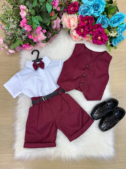 Conjunto Social Infantil Branco em Microfibra com Colete e Gravata Borboleta Marsala para Festa