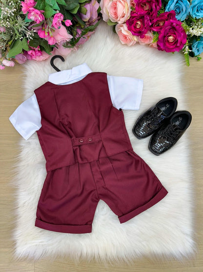 Conjunto Social Infantil Branco em Microfibra com Colete e Gravata Borboleta Marsala para Festa