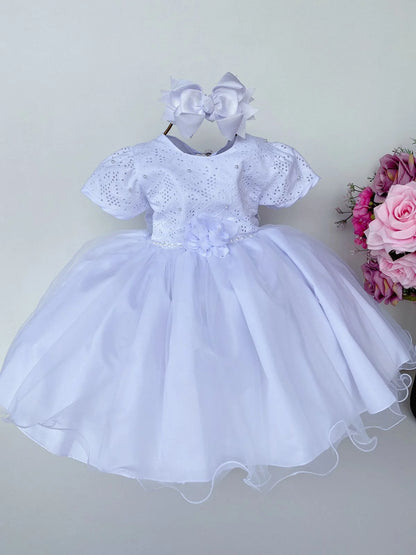 Vestido Infantil Branco em Tule com Renda Delicada e Saia Rodada para Festa de Aniversário