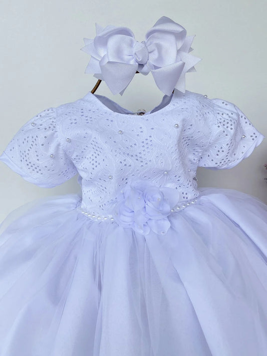Vestido Infantil Branco em Tule com Renda Delicada e Saia Rodada para Festa de Aniversário