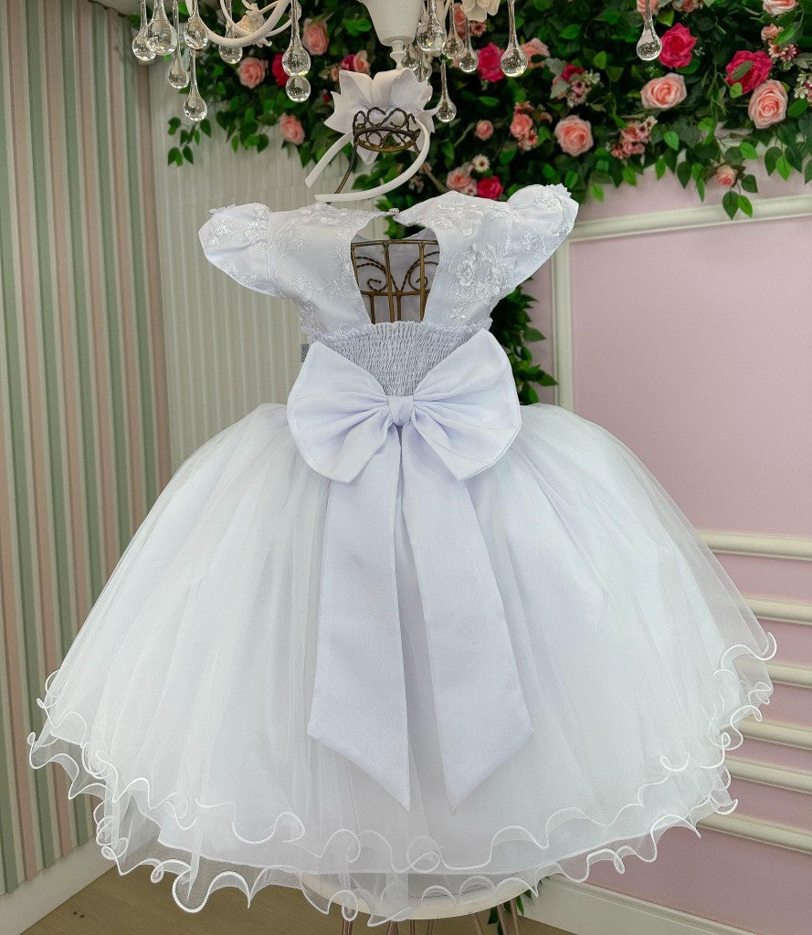 Vestido Infantil Branco em Tecido Misto com Saia Rodada para Daminhas