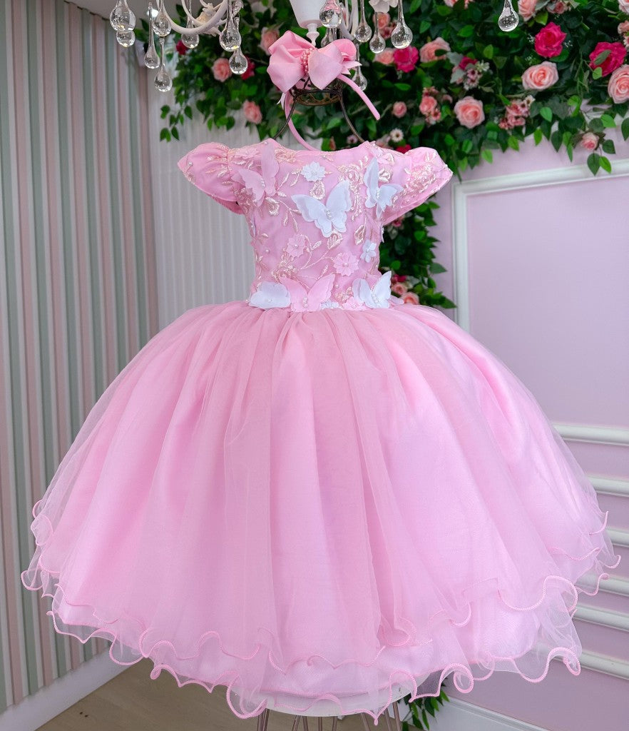 Vestido Infantil Rosa Bebê em Tecido Misto com Borboleta Branca, Saia Rodada, L