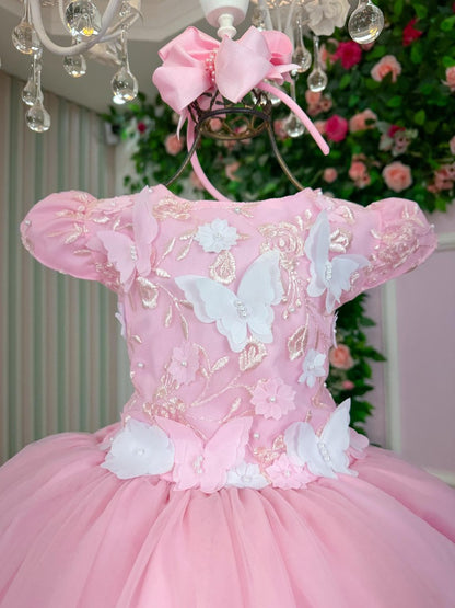 Vestido Infantil Rosa Bebê em Tecido Misto com Borboleta Branca, Saia Rodada, L
