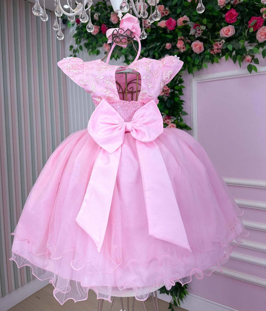 Vestido Infantil Rosa Bebê em Tecido Misto com Borboleta Branca, Saia Rodada, L