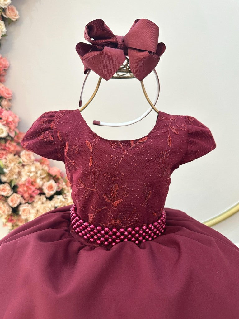 Vestido Infantil Marsala em Renda com Saia Rodada para Daminhas