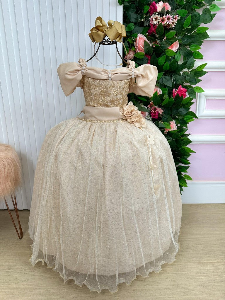 Vestido Infantil Dourado em Tecido Misto com Saia Longa para Momentos Especiais