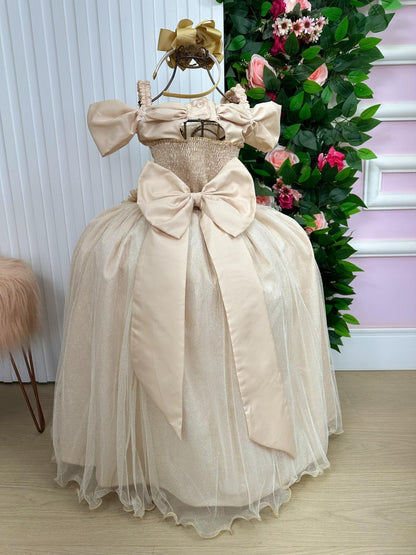 Vestido Infantil Dourado em Tecido Misto com Saia Longa para Momentos Especiais