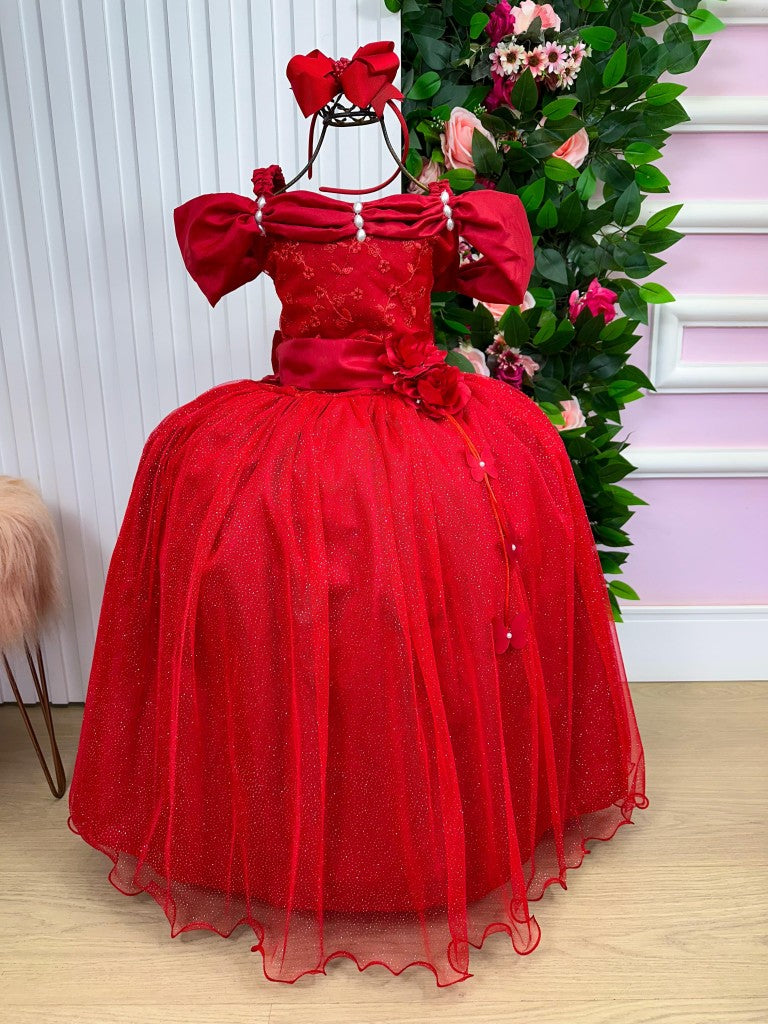 Vestido Infantil Vermelho em Tecido Misto com Manga Elegante para Estilo Princesa