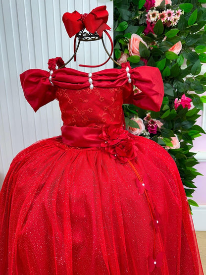 Vestido Infantil Vermelho em Tecido Misto com Manga Elegante para Estilo Princesa