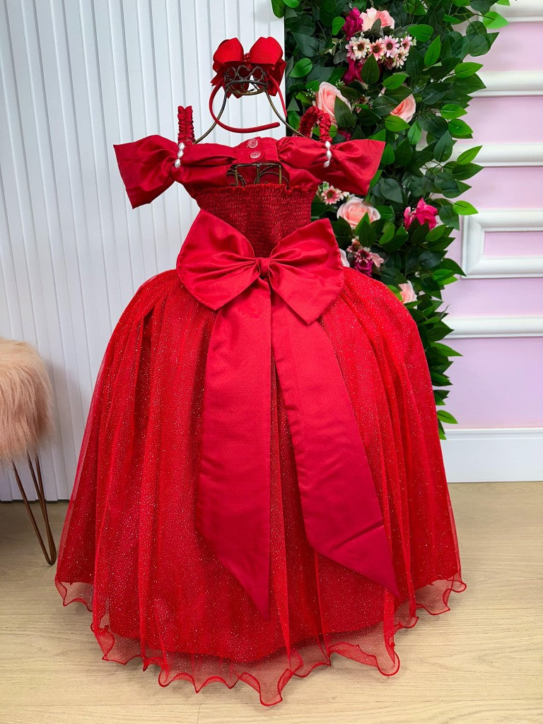 Vestido Infantil Vermelho em Tecido Misto com Manga Elegante para Estilo Princesa