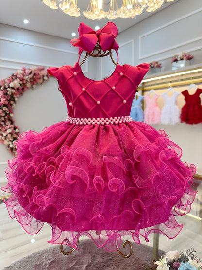 Vestido Infantil Pink em Tule com Renda Saia com Babados para Batizado