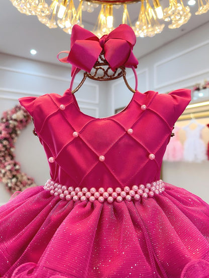Vestido Infantil Pink em Tule com Renda Saia com Babados para Batizado