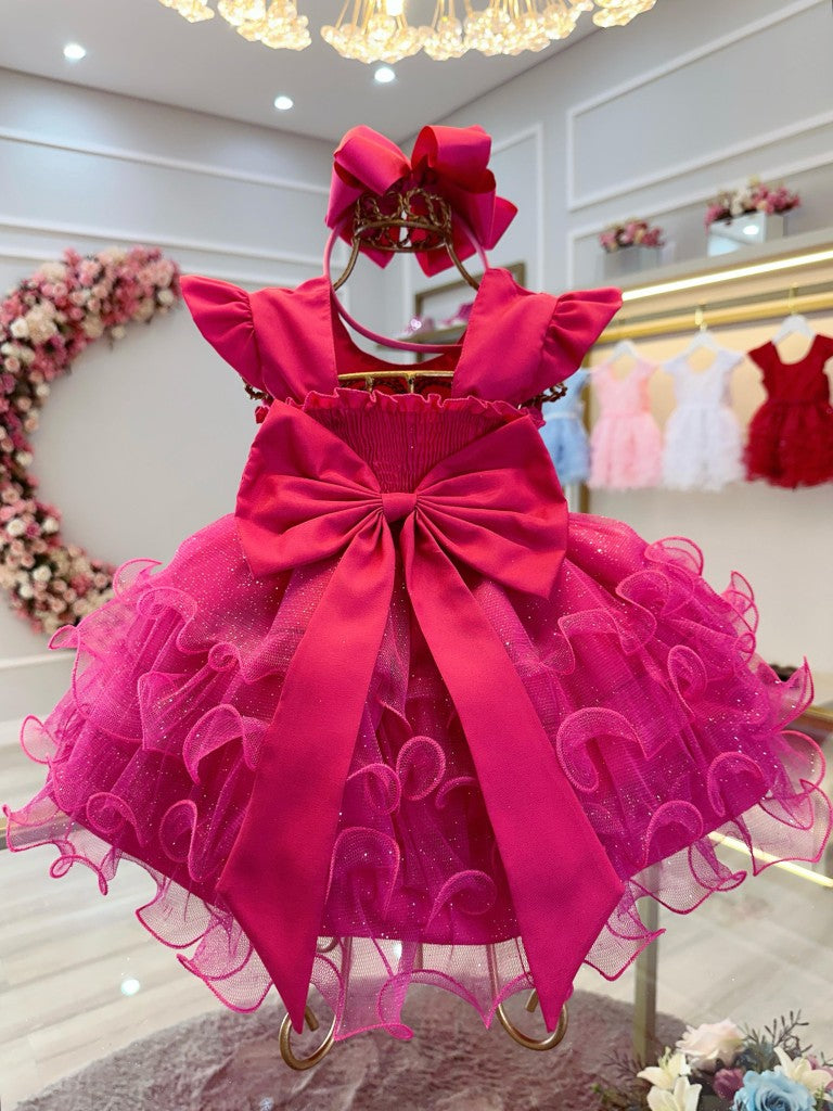 Vestido Infantil Pink em Tule com Renda Saia com Babados para Batizado