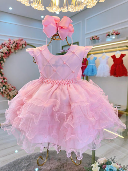 Vestido Infantil Rosa Claro em Cetim com Babados Luxo para Batizado
