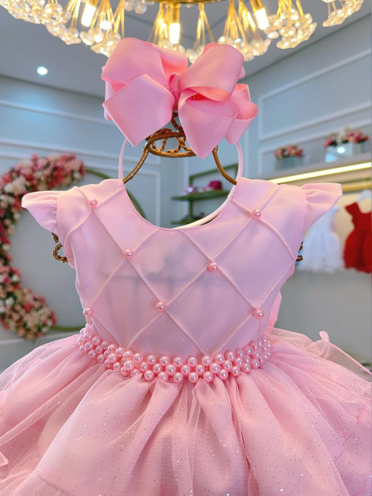 Vestido Infantil Rosa Claro em Cetim com Babados Luxo para Batizado
