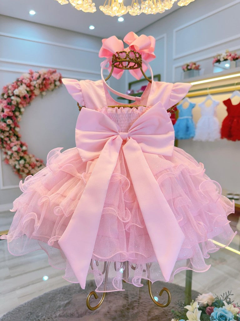 Vestido Infantil Rosa Claro em Cetim com Babados Luxo para Batizado