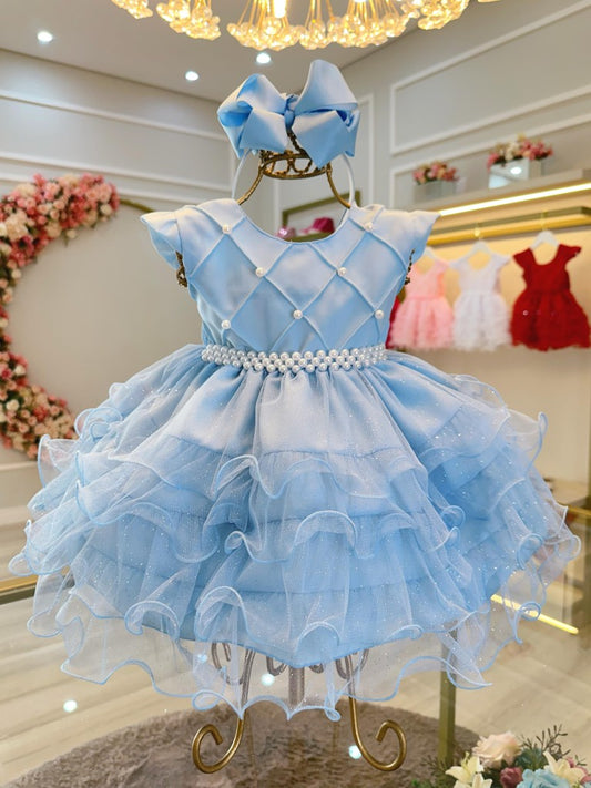 Vestido Infantil Azul Claro em Cetim com Saia com Babados Luxo para Batizado