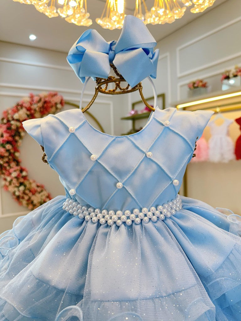 Vestido Infantil Azul Claro em Cetim com Saia com Babados Luxo para Batizado