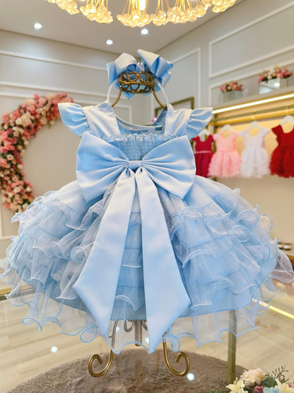 Vestido Infantil Azul Claro em Cetim com Saia com Babados Luxo para Batizado