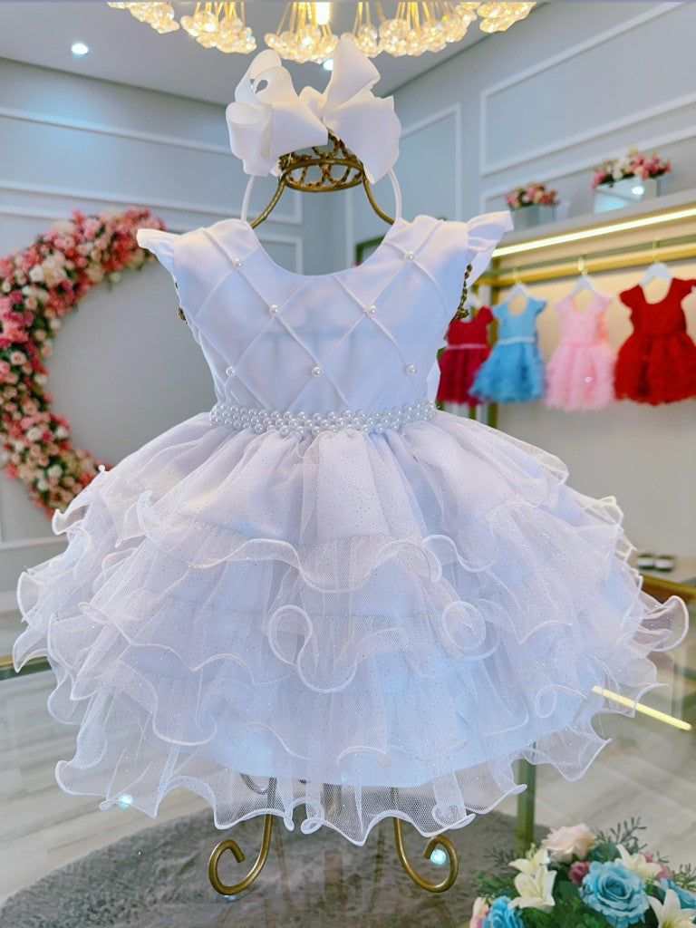 Vestido Infantil Branco em Cetim com Saia Rodada para Batizado