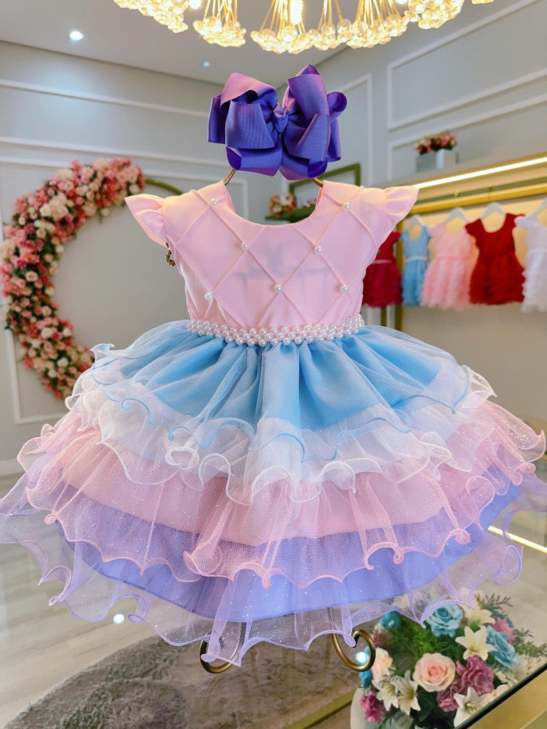 Vestido Infantil Rosa em Algodão com Busto Nervurado e Saia com Babados Coloridos para Festa de Aniversário