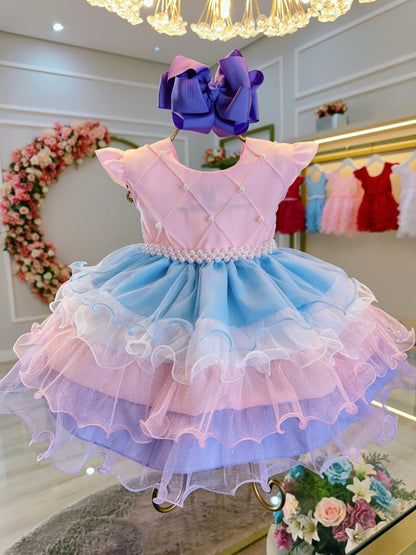 Vestido Infantil Rosa em Algodão com Busto Nervurado e Saia com Babados Coloridos para Festa de Aniversário