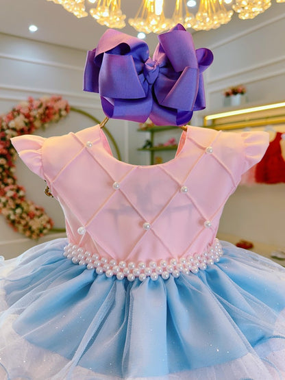 Vestido Infantil Rosa em Algodão com Busto Nervurado e Saia com Babados Coloridos para Festa de Aniversário