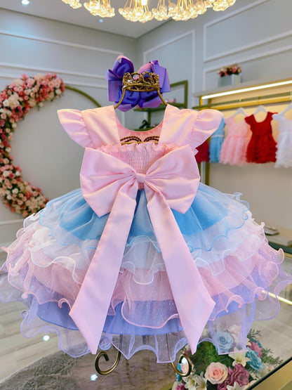 Vestido Infantil Rosa em Algodão com Busto Nervurado e Saia com Babados Coloridos para Festa de Aniversário