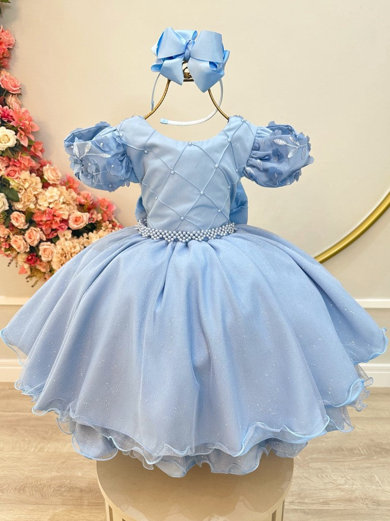 Vestido Infantil Azul Claro em Cetim com Busto Nervurado para Daminhas