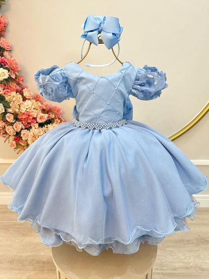 Vestido Infantil Azul Claro em Cetim com Busto Nervurado para Daminhas
