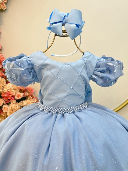 Vestido Infantil Azul Claro em Cetim com Busto Nervurado para Daminhas