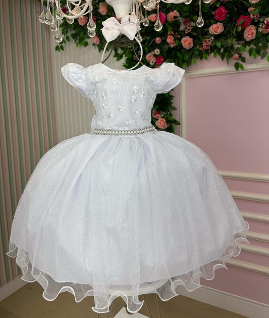 Vestido Infantil Branco em Tecido Misto com Saia Rodada para Festa de Aniversário