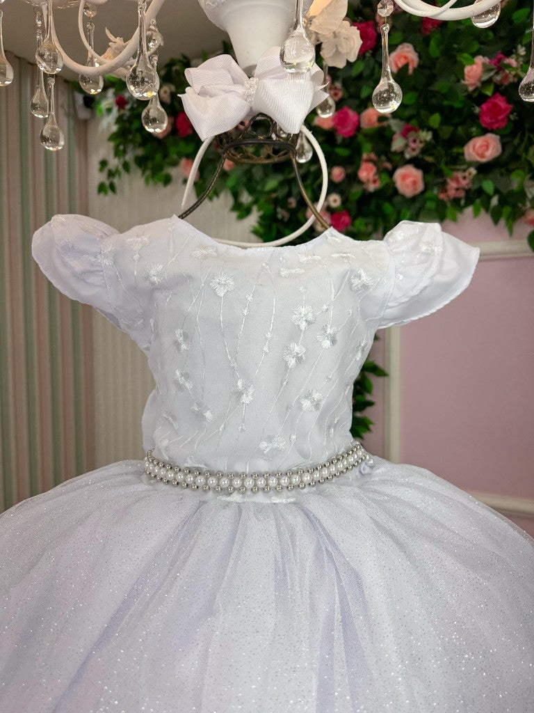 Vestido Infantil Branco em Tecido Misto com Saia Rodada para Festa de Aniversário