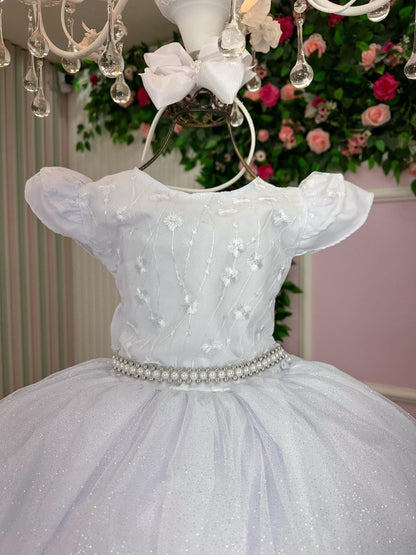 Vestido Infantil Branco em Tecido Misto com Saia Rodada para Festa de Aniversário