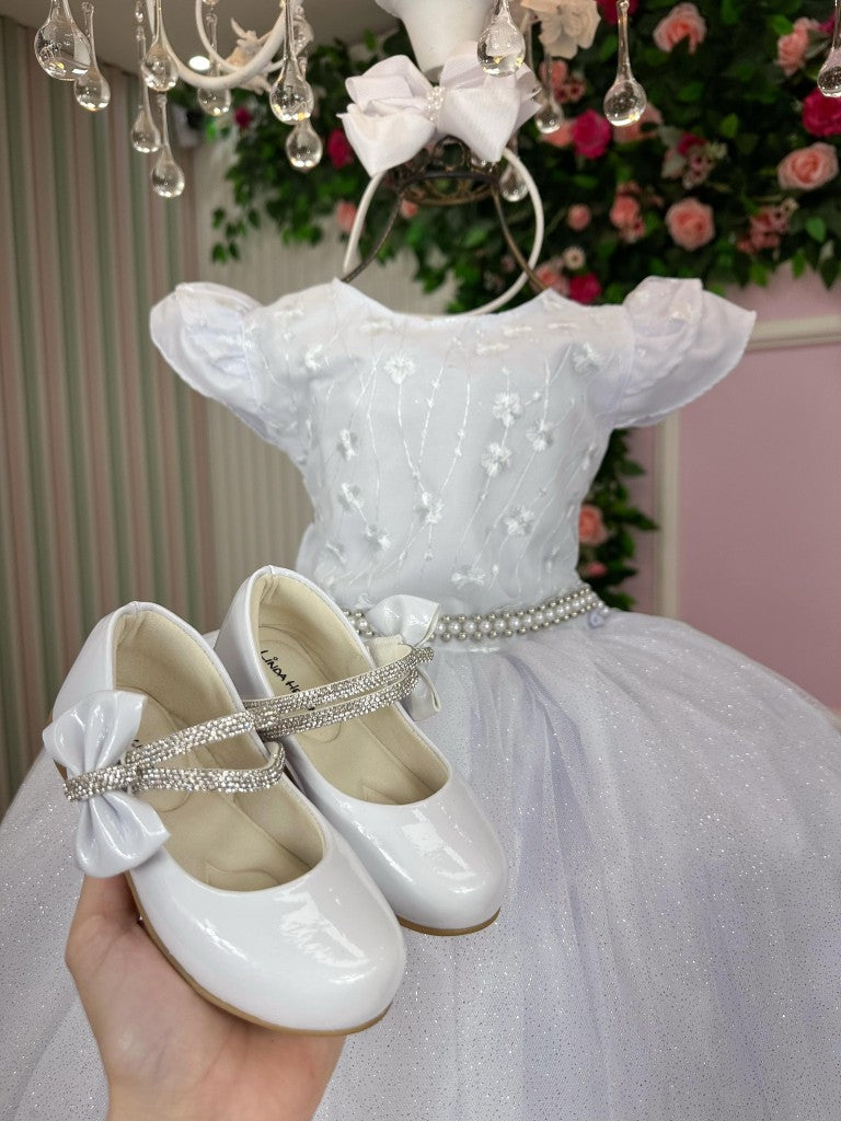 Vestido Infantil Branco em Tecido Misto com Saia Rodada para Festa de Aniversário