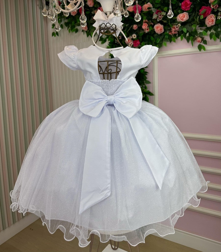 Vestido Infantil Branco em Tecido Misto com Saia Rodada para Festa de Aniversário