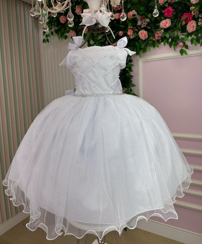 Vestido Infantil Branco em Tafetá e Tule com Saia Rodada para Daminhas