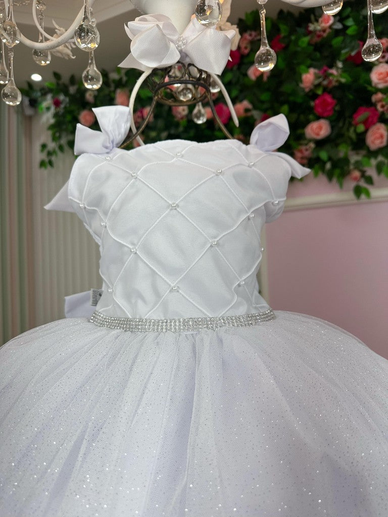 Vestido Infantil Branco em Tafetá e Tule com Saia Rodada para Daminhas