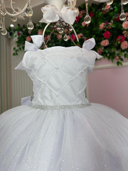 Vestido Infantil Branco em Tafetá e Tule com Saia Rodada para Daminhas