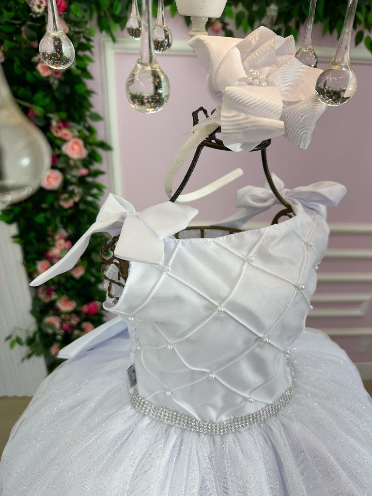 Vestido Infantil Branco em Tafetá e Tule com Saia Rodada para Daminhas