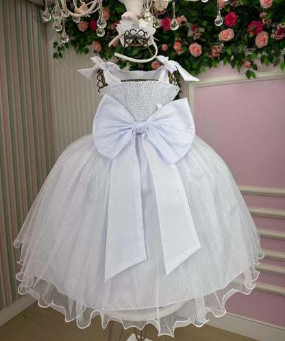 Vestido Infantil Branco em Tafetá e Tule com Saia Rodada para Daminhas