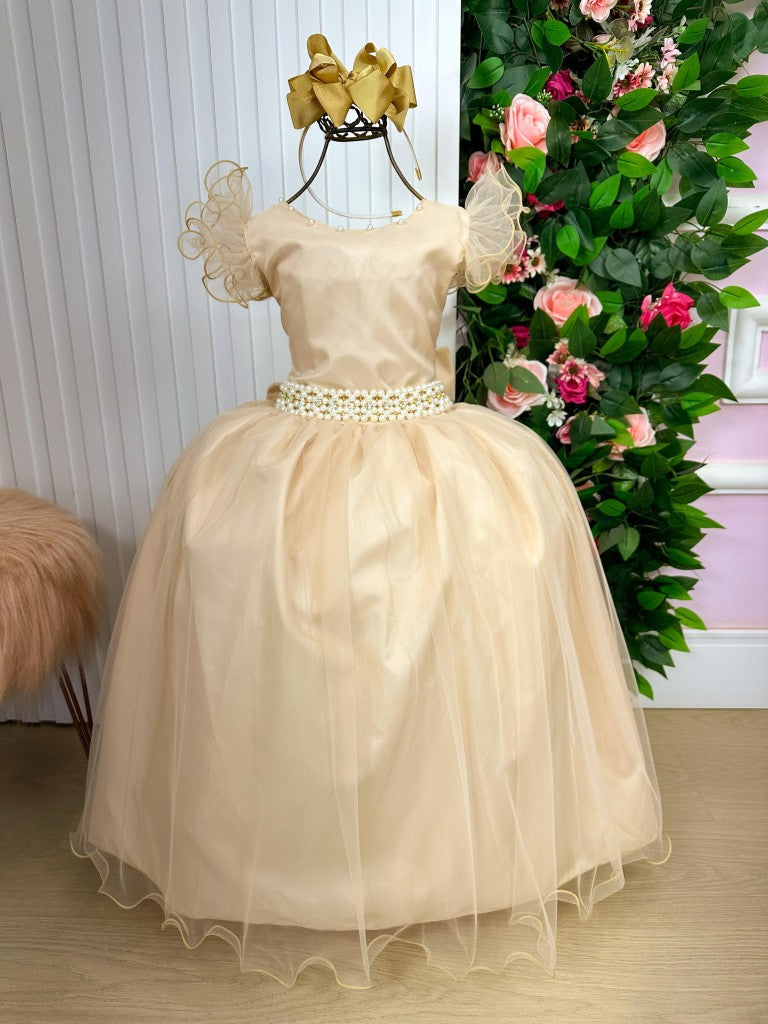 Vestido Infantil Dourado em Poliéster com Saia Longa para Daminhas