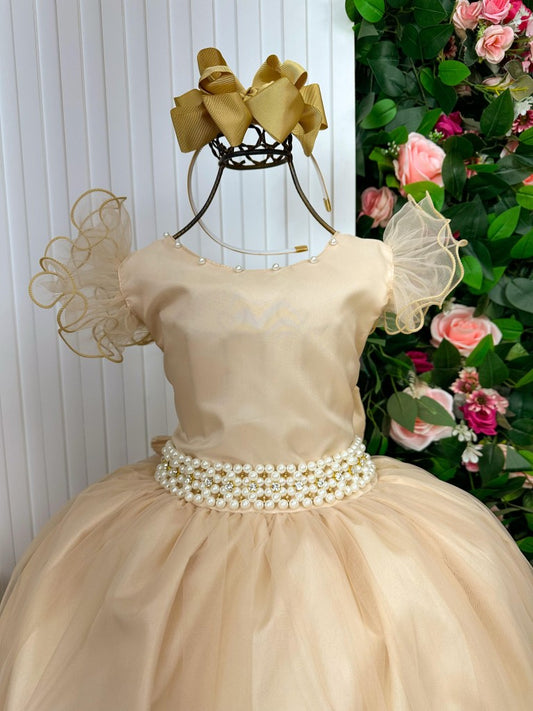 Vestido Infantil Dourado em Poliéster com Saia Longa para Daminhas