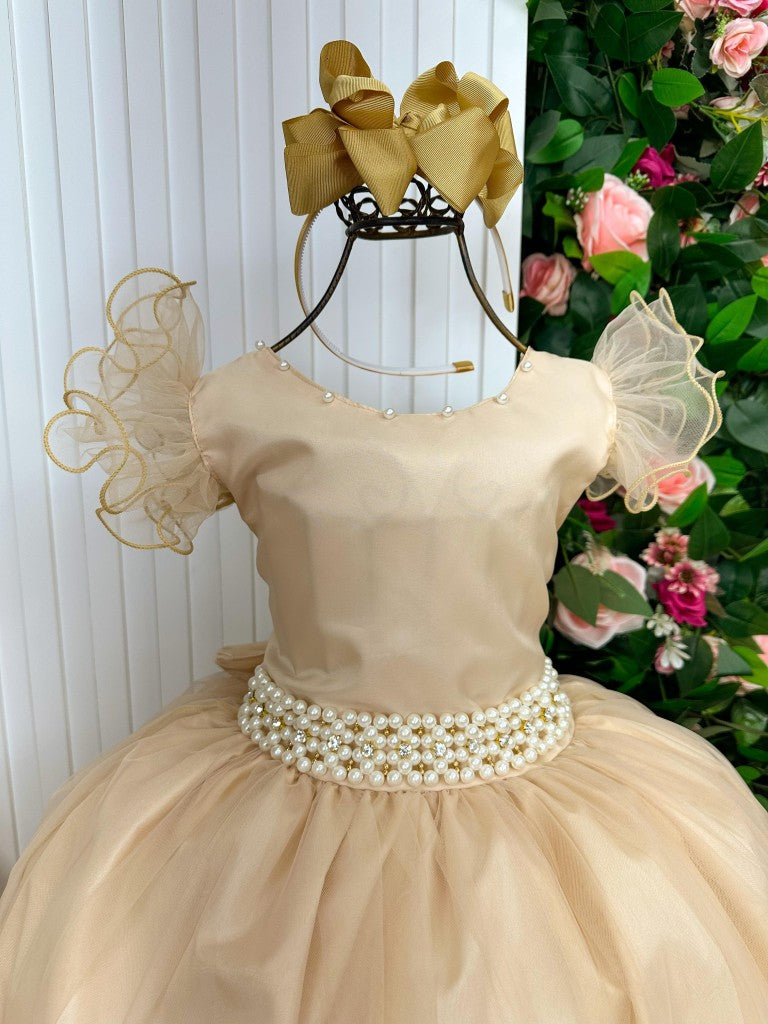 Vestido Infantil Dourado em Poliéster com Saia Longa para Daminhas